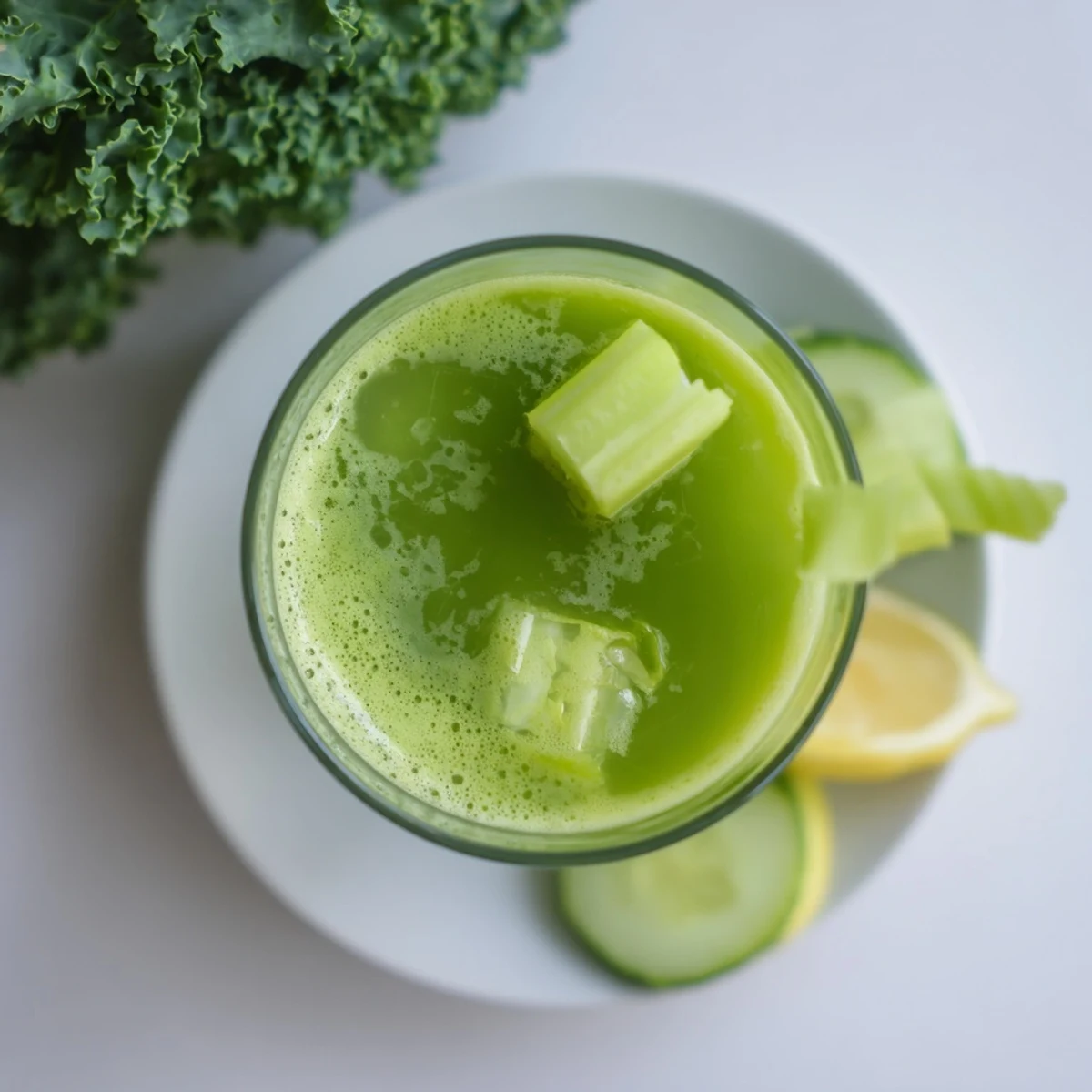 Cabbage and Kale Detox Juice served over ice with celery sticks, offering a refreshing and cleansing detox boost for your wellness journey.