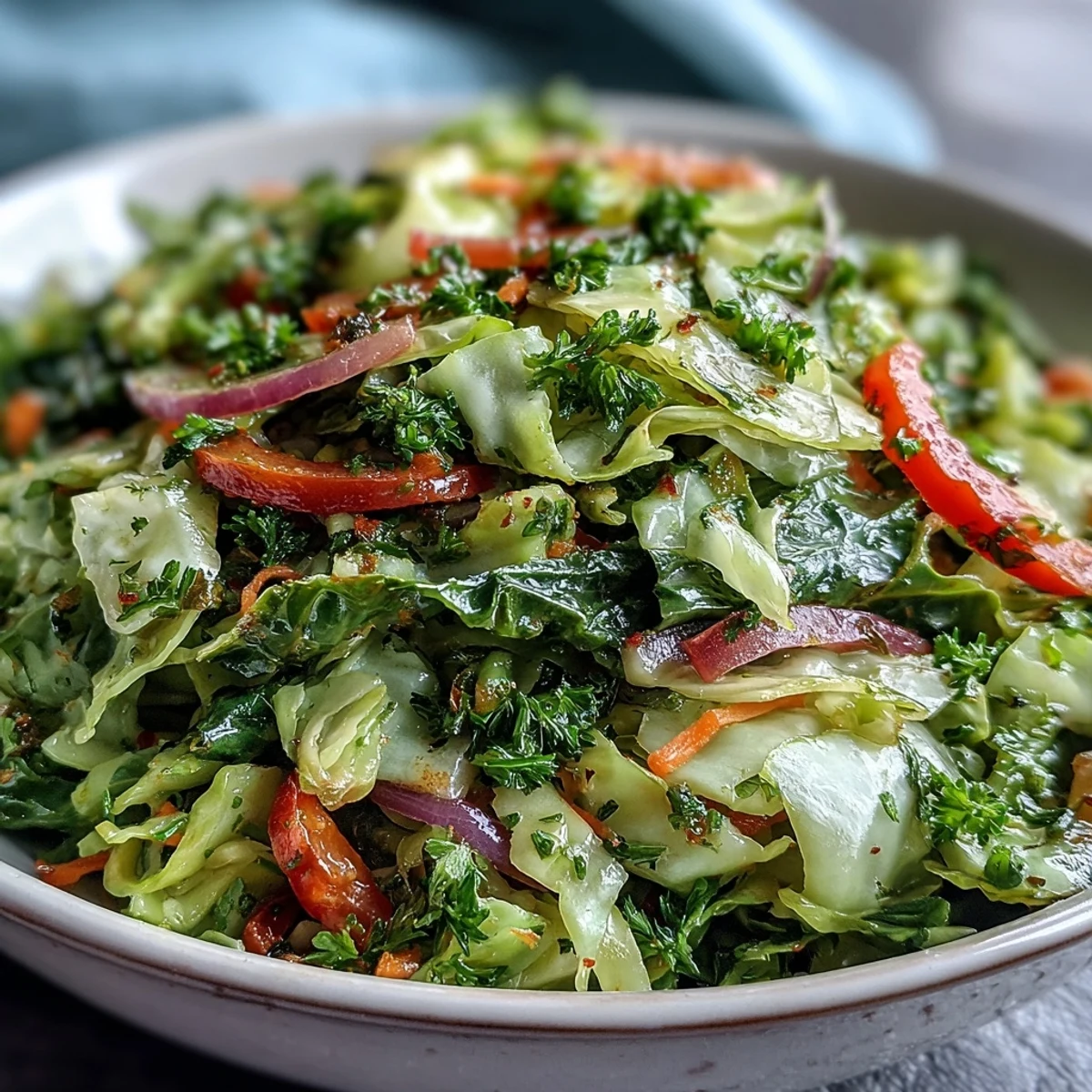 Warm Cooked and Loved Cabbage Salad with crisp vegetables and tangy dressing.