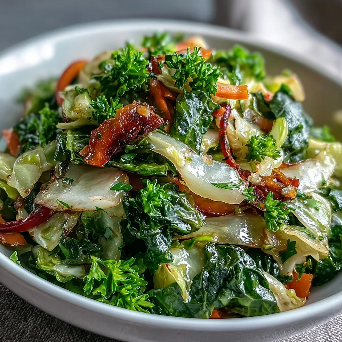 Freshly tossed Cooked and Loved Cabbage Salad, delightful warm with herbs and pepper.