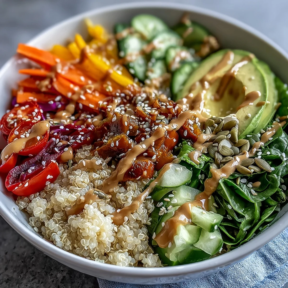 Colorful Rainbow Buddha Bowl With Quinoa, ready to be drizzled with tahini dressing.