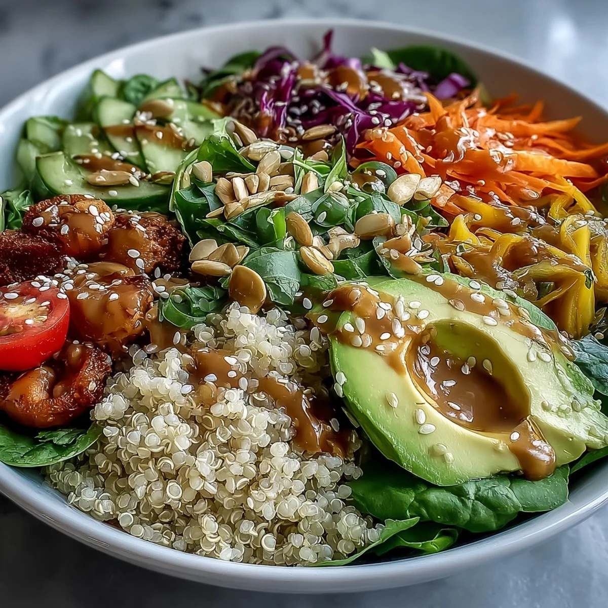 Vibrant Rainbow Buddha Bowl with Quinoa, packed with colorful veggies and creamy avocado.
