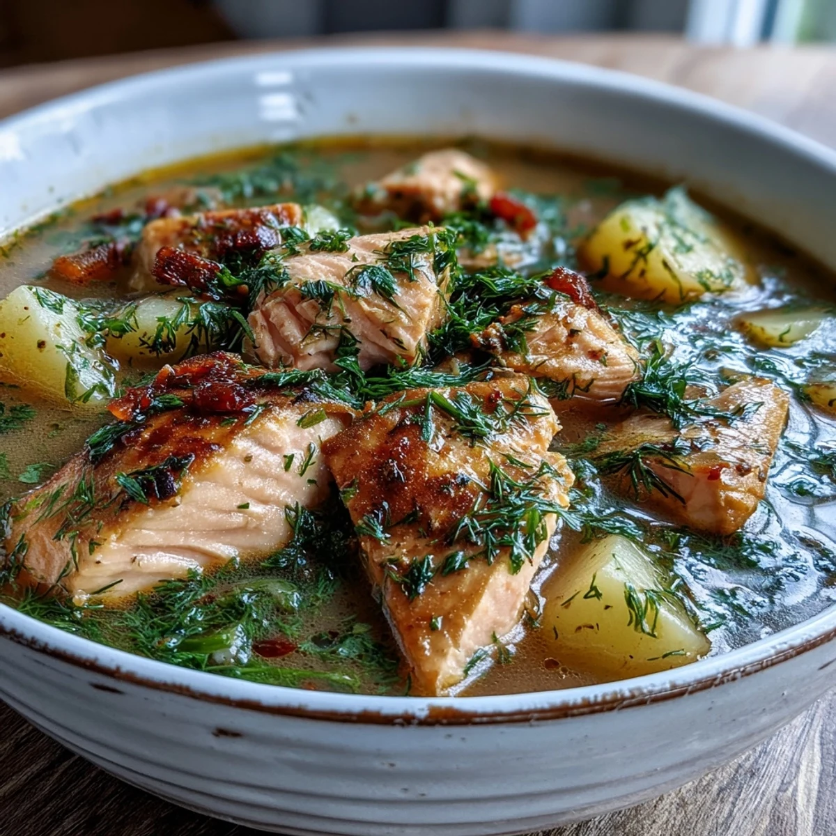 A comforting bowl of Finnish Salmon Soup, featuring tender salmon cubes, soft potato chunks, and fresh dill in creamy broth.  