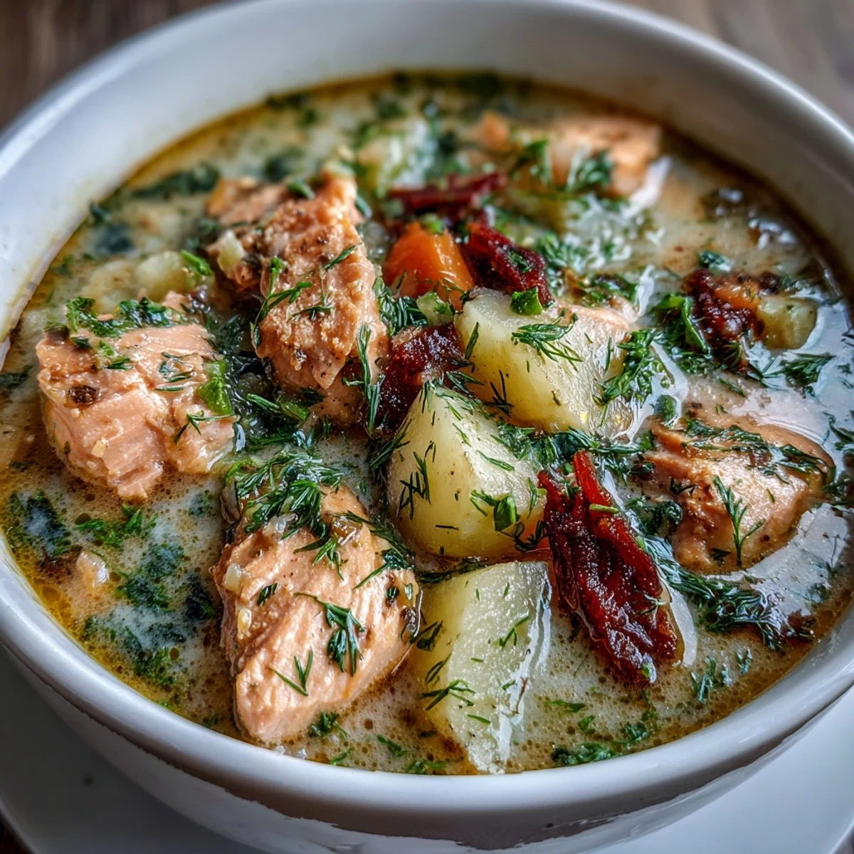 Finnish Salmon Soup in a rustic bowl, served hot with a side of rye bread for a complete Nordic meal.