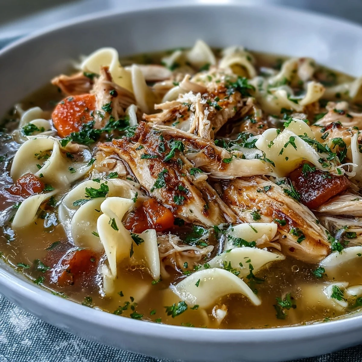Homemade Chicken and Noodle Soup steaming in a bowl, with tender shredded chicken, sliced carrots, and wide egg noodles in a clear golden broth.