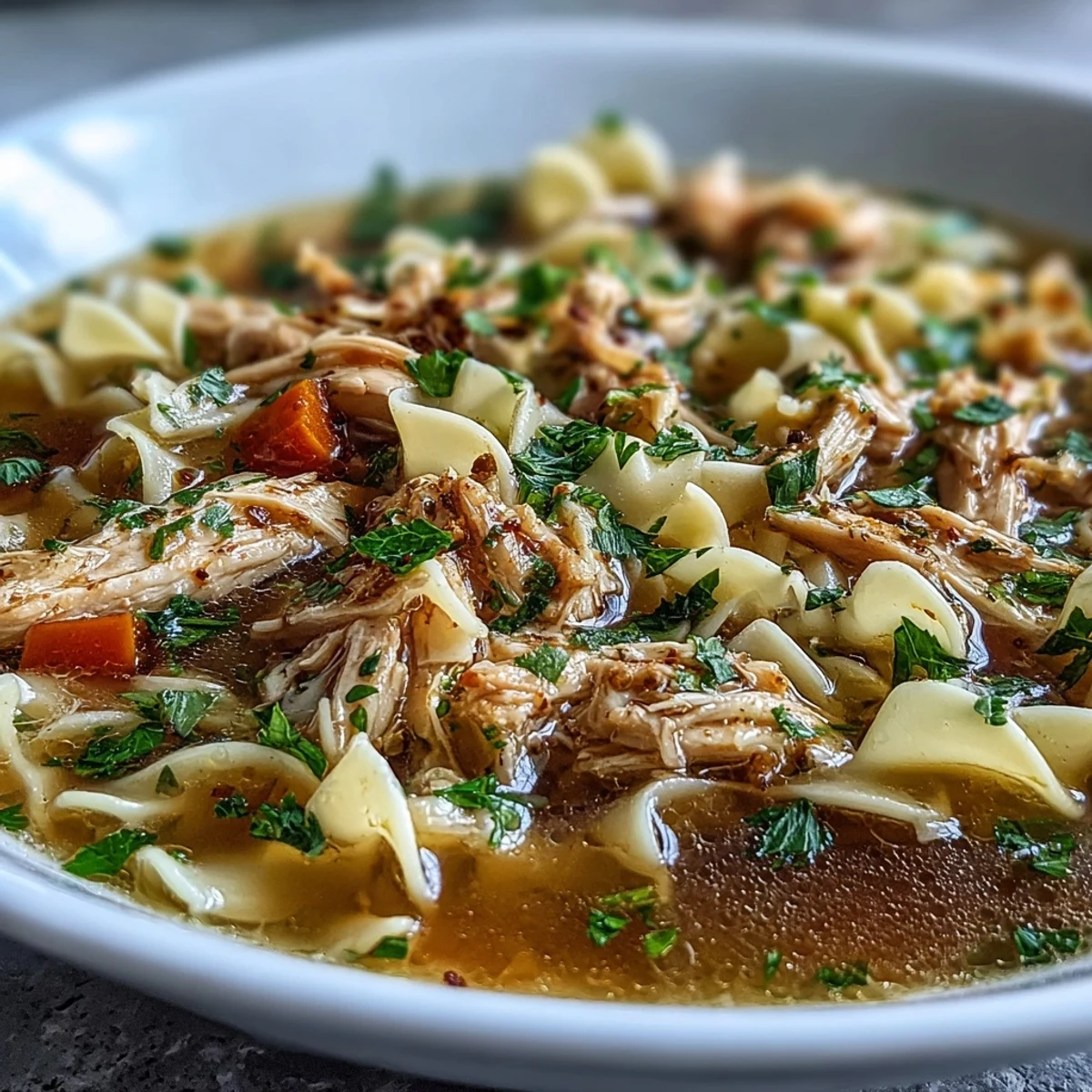 Freshly chopped parsley is sprinkled over a ladle of Chicken and Noodle Soup, served alongside a slice of crusty artisan bread.