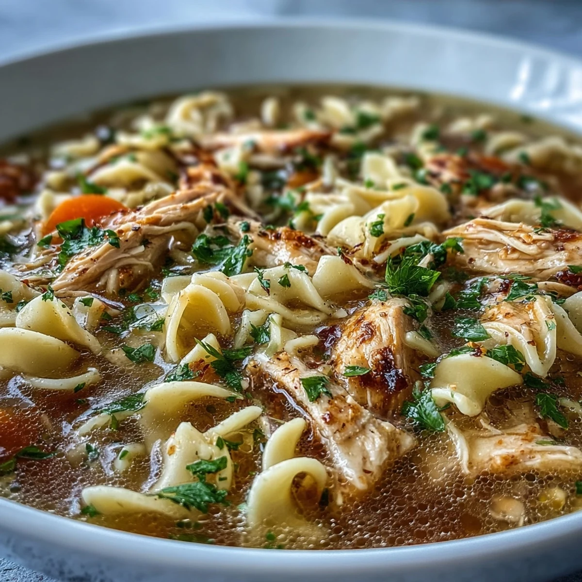 Comforting bowl of Chicken and Noodle Soup featuring hearty vegetables and herbs, ready to be enjoyed warm on a chilly evening.