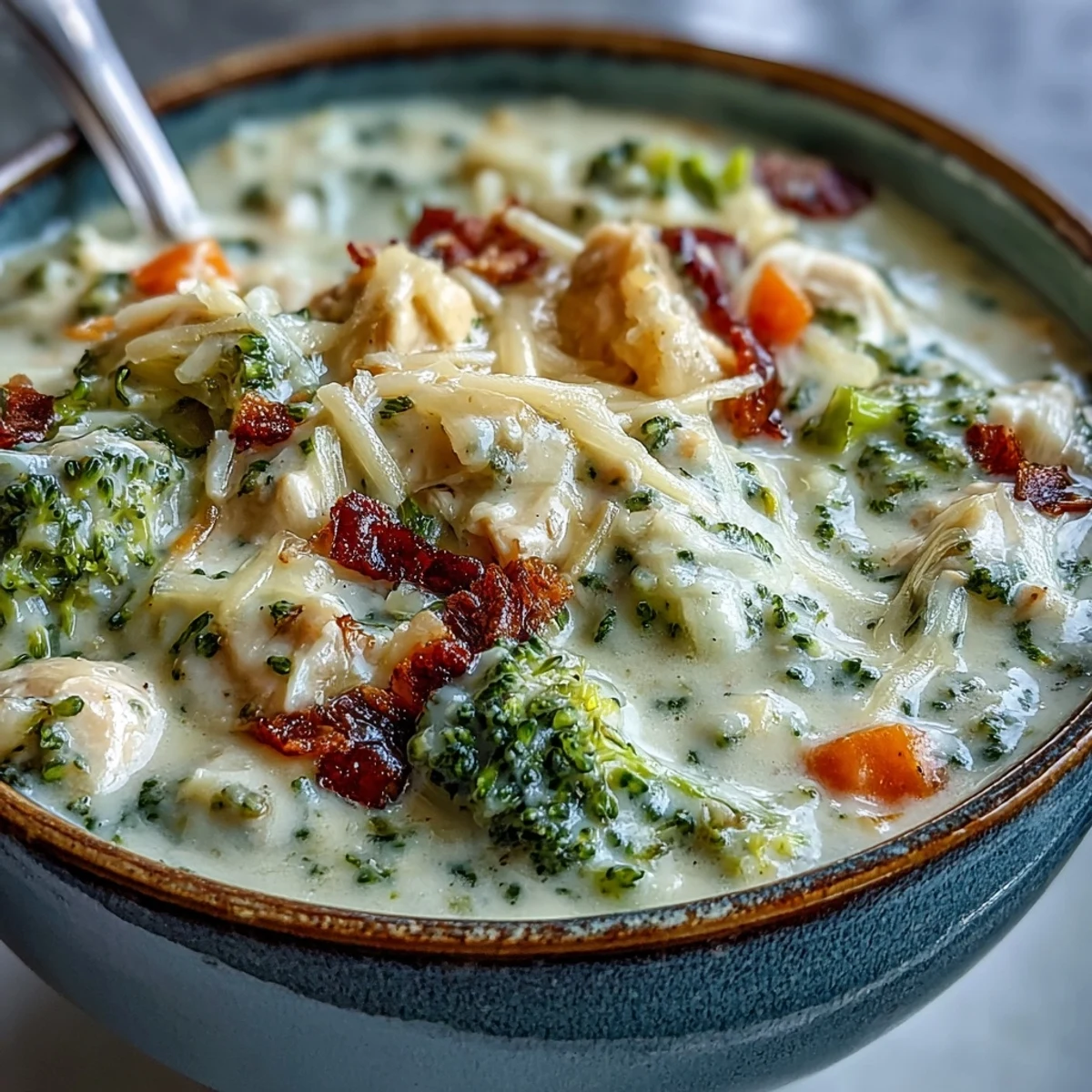 Creamy Best Chicken Broccoli Cheddar Soup with shredded chicken, tender broccoli, and melted cheddar in a rustic bowl, topped with fresh herbs and served beside crusty bread.