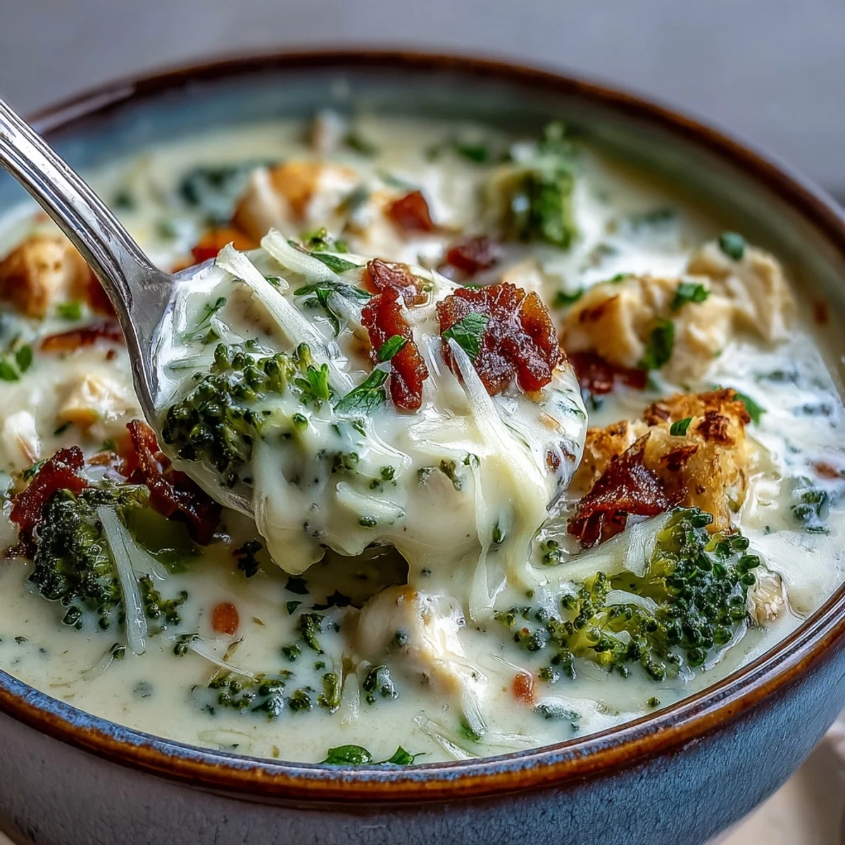 Comforting Best Chicken Broccoli Cheddar Soup in a white bowl, featuring bright green broccoli florets, diced carrots, and rich, cheesy broth with steam rising.