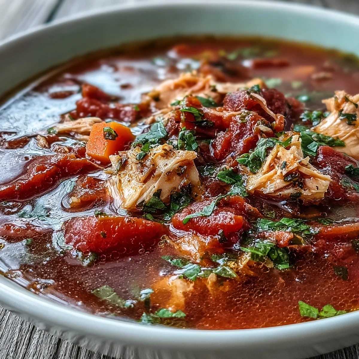 Bright orange Tuna and Tomato Soup with tender flaked tuna, simmered with herbs and served steaming in a rustic bowl. 
