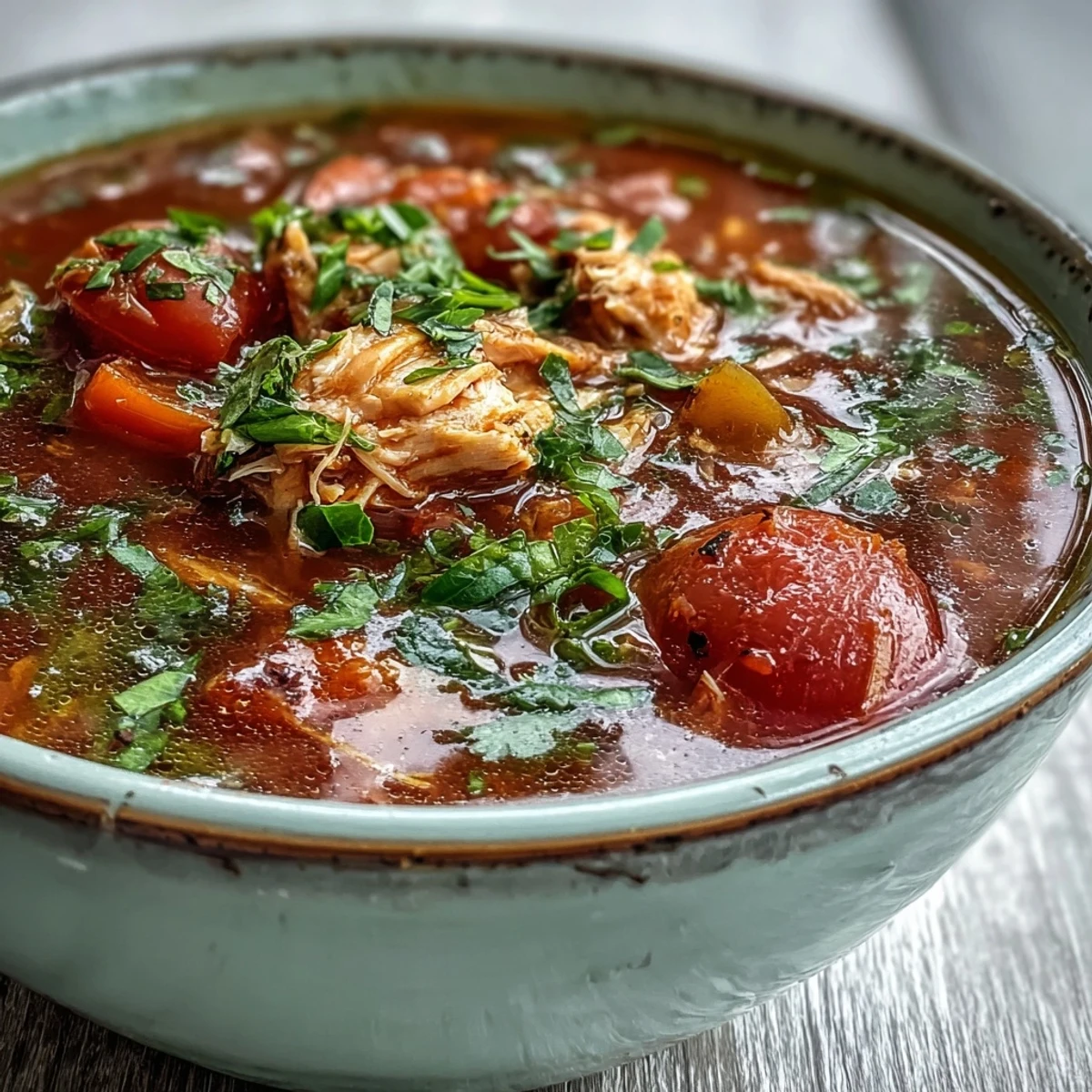 A close-up of Tuna and Tomato Soup garnished with fresh parsley, alongside crusty bread for dipping into the savory broth. 