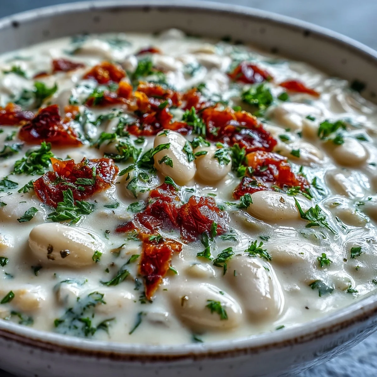 A comforting bowl of creamy white bean soup with tomato, garnished with fresh parsley and served beside crusty bread for dipping.