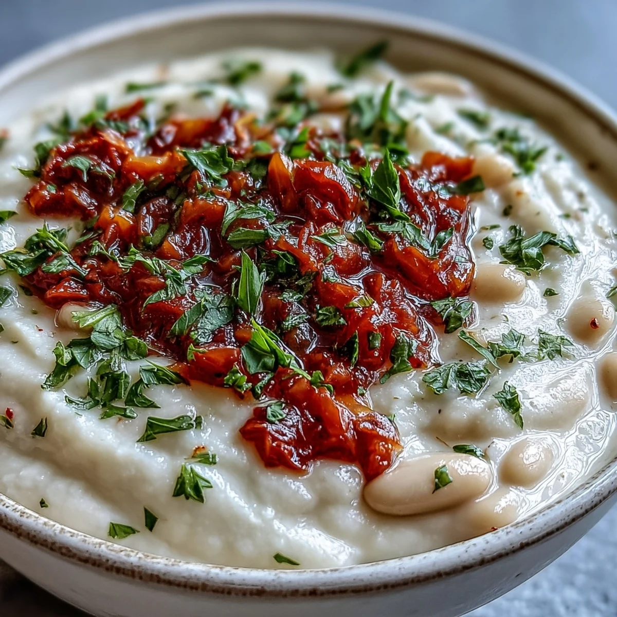 A steaming pot of white bean soup with tomato, featuring velvety blended beans and bright red tomato pieces, perfect for a cozy vegetarian meal.