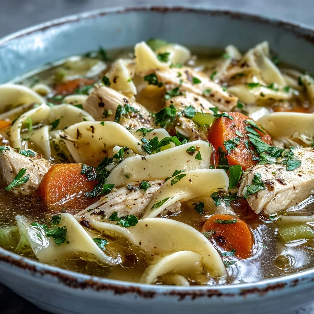 Healthy homemade Chicken Noodle Soup with fresh celery, carrots, and herbs served in a rustic ceramic bowl, ready to enjoy.