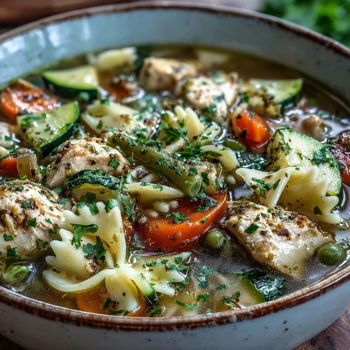 A hearty pasta soup with chicken and vegetables simmers in a pot, featuring colorful carrots, celery, and peas.