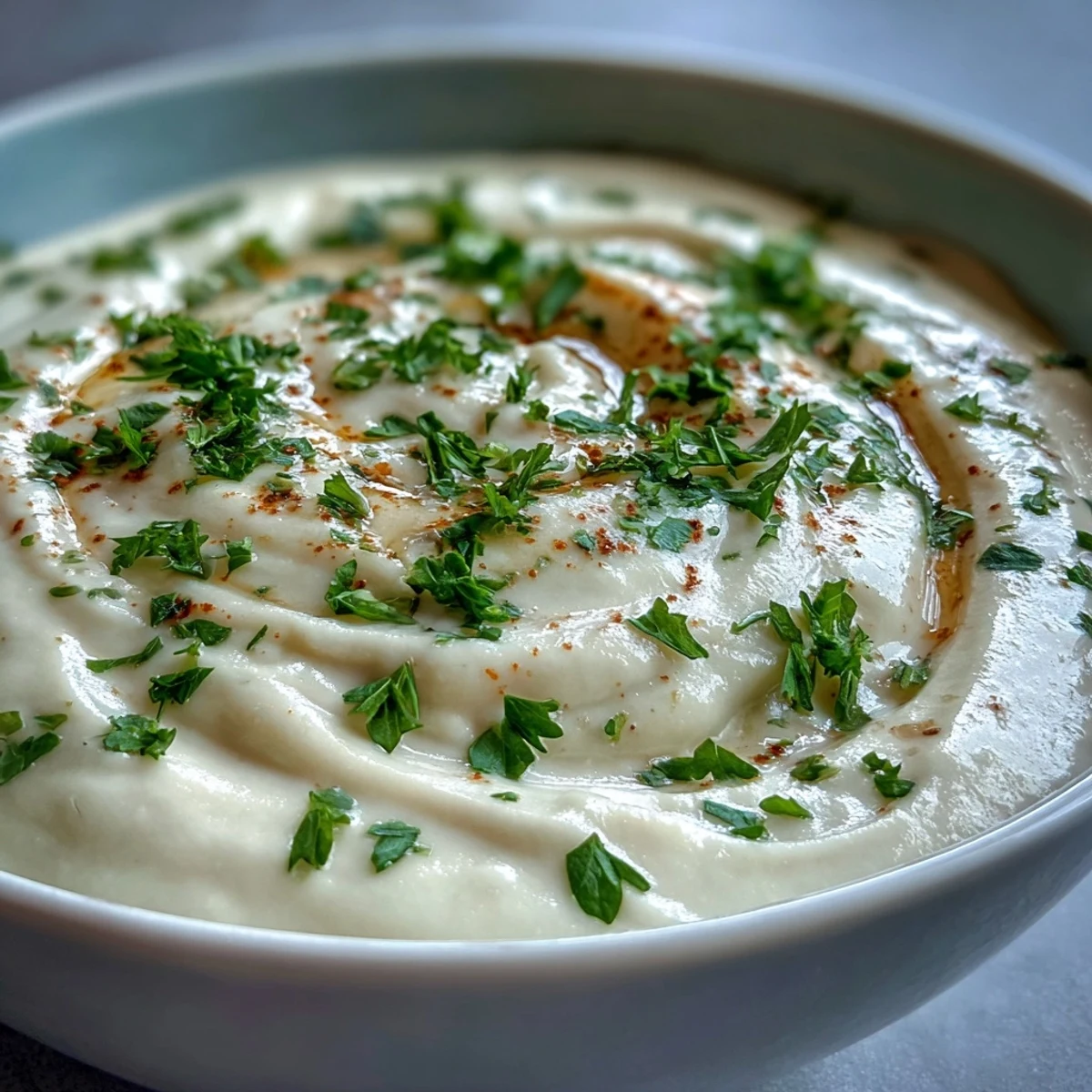 Smooth, savory White Bean and Parmesan Soup with a drizzle of olive oil, ideal for gluten-free diets.