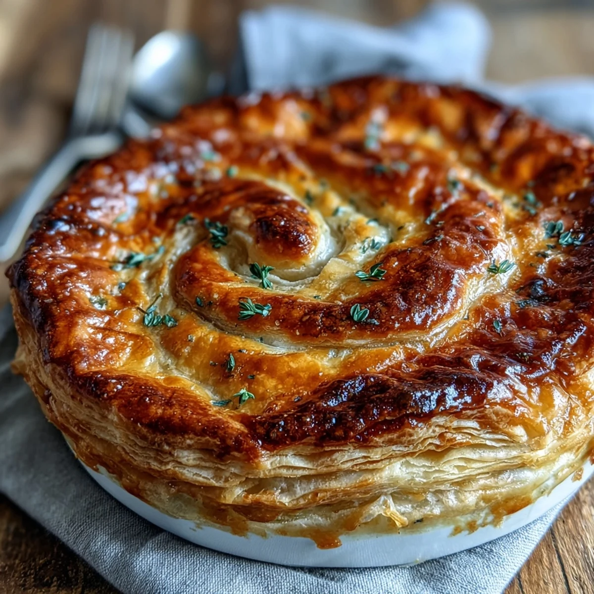 A close-up of golden-brown Chicken and Leek Pie revealing tender chicken, sautéed leeks, and a rich, creamy sauce inside.