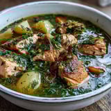 Finnish Salmon Soup simmering with potatoes, carrots, and leeks, finished with a swirl of cream and a garnish of dill.  