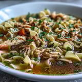 Freshly chopped parsley is sprinkled over a ladle of Chicken and Noodle Soup, served alongside a slice of crusty artisan bread.