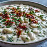 A comforting bowl of creamy white bean soup with tomato, garnished with fresh parsley and served beside crusty bread for dipping.