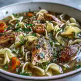 A steaming bowl of classic Chicken Noodle Soup with tender chicken, sliced carrots, and wavy egg noodles in a clear golden broth.