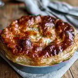 Freshly baked Chicken and Leek Pie with golden puff pastry, smoky bacon, and creamy chicken filling served in a rustic dish.