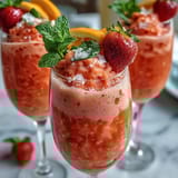 Vibrant strawberry mimosa mocktail in champagne flute with fresh strawberry and orange garnish, perfect for Mother's Day brunch.