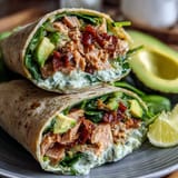 Healthy Easy 5-Ingredient Avocado Tuna Wraps with fresh spinach and whole wheat tortillas, perfect for a quick lunch or light dinner.