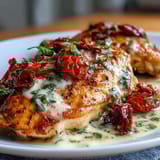 Golden-seared chicken breasts in a velvety Tuscan cream sauce with sun-dried tomatoes and fresh basil.  