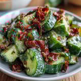 A vibrant, spicy cucumber salad with garlicky chili oil, perfect as a vegan appetizer or side dish.