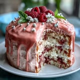Close-up of Bridal Shower Rosé Velvet Cake, moist pink layers peeking through frosting.