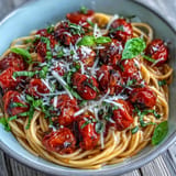 Savory cherry tomato confit pasta, a vibrant Italian dish ready to be served.