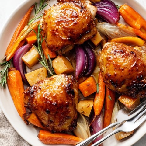 Golden Honey-Glazed Chicken with Roasted Root Vegetables: Crispy skin, vibrant colors, savory aroma.