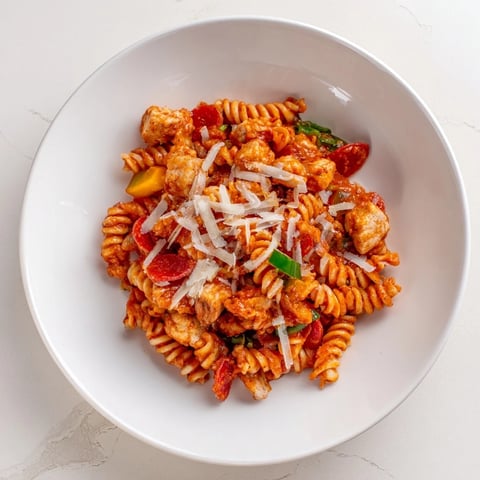 A bubbling one-pan pizza pasta with melted mozzarella, pepperoni, and rotini, ready to enjoy.