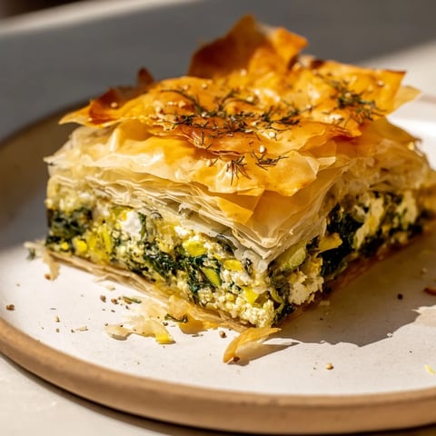 Golden, flaky layers of Greek spanakopita reveal a savory spinach and feta filling, ready to serve.