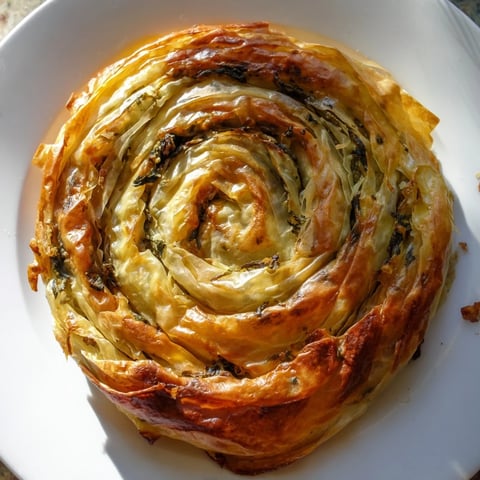 Golden-brown Bosnian Burek pastry: flaky layers encasing savory beef and spinach filling, ready to serve.