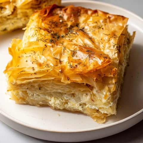 Golden-brown Bulgarian Banitsa, a flaky savory pastry, ready to serve for a delightful breakfast.