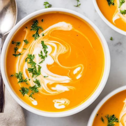A bowl of velvety Carrot-Based Creamy Soup garnished with fresh parsley and a drizzle of cream.