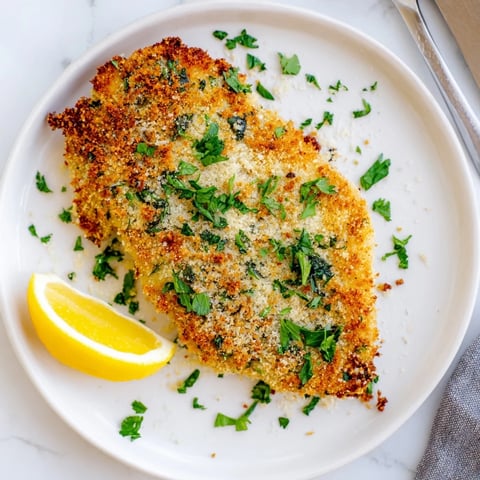 Golden-brown Crispy Parmesan Chicken Cutlet resting on a plate, garnished with fresh parsley and lemon wedges beside a fresh green salad.