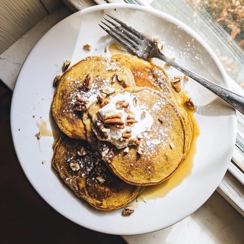 Golden-brown Pumpkin Spice Pancakes stacked high, drizzled with maple syrup and topped with a pat of butter for a cozy fall breakfast.  