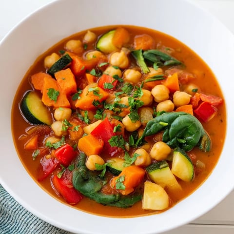 Steam rises from a pot of Spicy Chickpea Stew, revealing tender chickpeas and colorful vegetables in a thick, aromatic tomato broth.