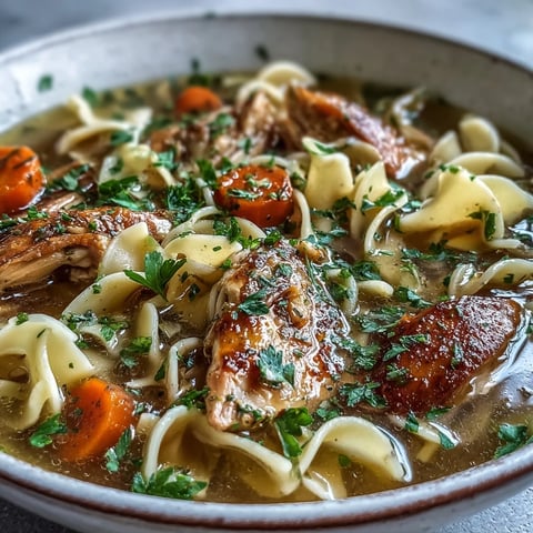 A steaming bowl of classic Chicken Noodle Soup with tender chicken, sliced carrots, and wavy egg noodles in a clear golden broth.