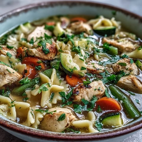 A steaming bowl of pasta soup with chicken and vegetables, garnished with fresh parsley and served alongside crusty bread.