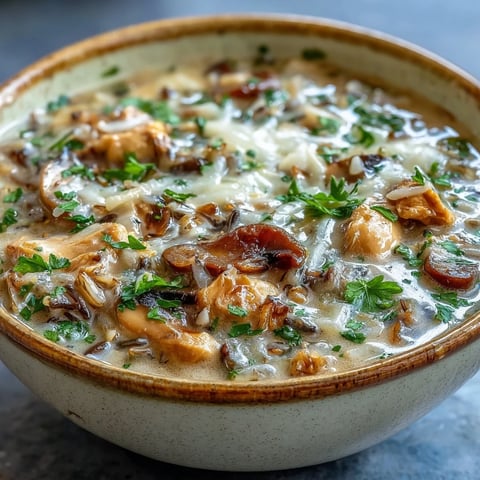A warm bowl of Parmesan Mushroom Chicken and Wild Rice Soup garnished with fresh parsley and extra cheese.