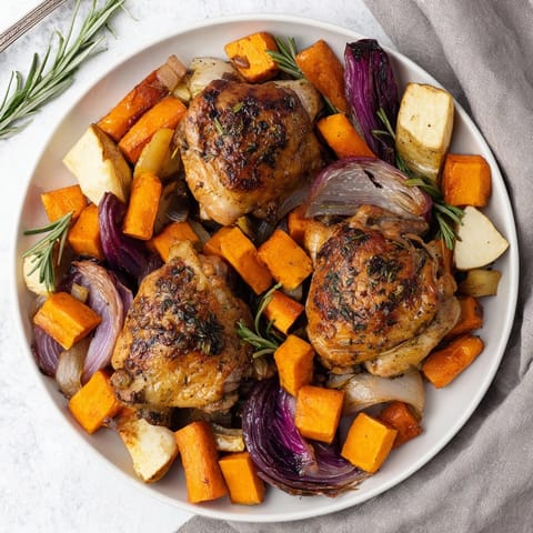 Aromatic Honey-Glazed Chicken with Roasted Root Vegetables, glistening in a rich, sweet glaze.