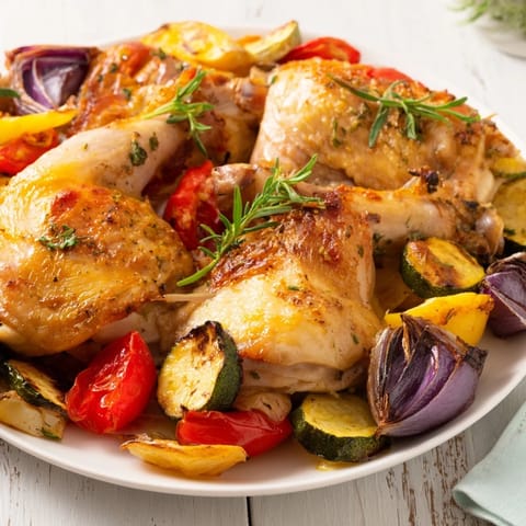 Sizzling sheet pan showcases Basil-Soft Chicken and Veggie Dinner: a colorful American meal with roasted tomatoes and peppers.