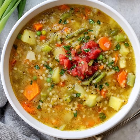 A close-up shot of a bowl of Simple Homemade Grain and Vegetable Soup, garnished with fresh parsley.