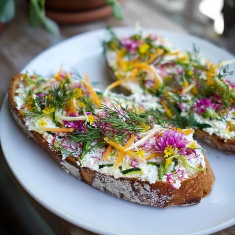 Vibrant Fresh Meadow-Inspired Garden Vegetable Tartines, featuring colorful veggies and artisan bread, are ready to enjoy.