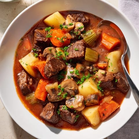 Warm Earthy Beef Stew with tender vegetables and crusty homemade bread, a perfect dinner.