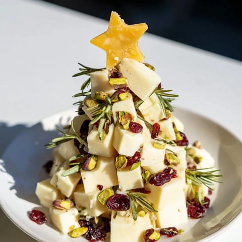 Festive holiday close-up of a delicious cranberry white cheddar tree, perfect for a party.