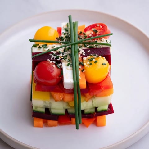 Freshly assembled Stacked Gift Box Veggie Cubes, a visual treat with red, yellow, and green vegetable layers.